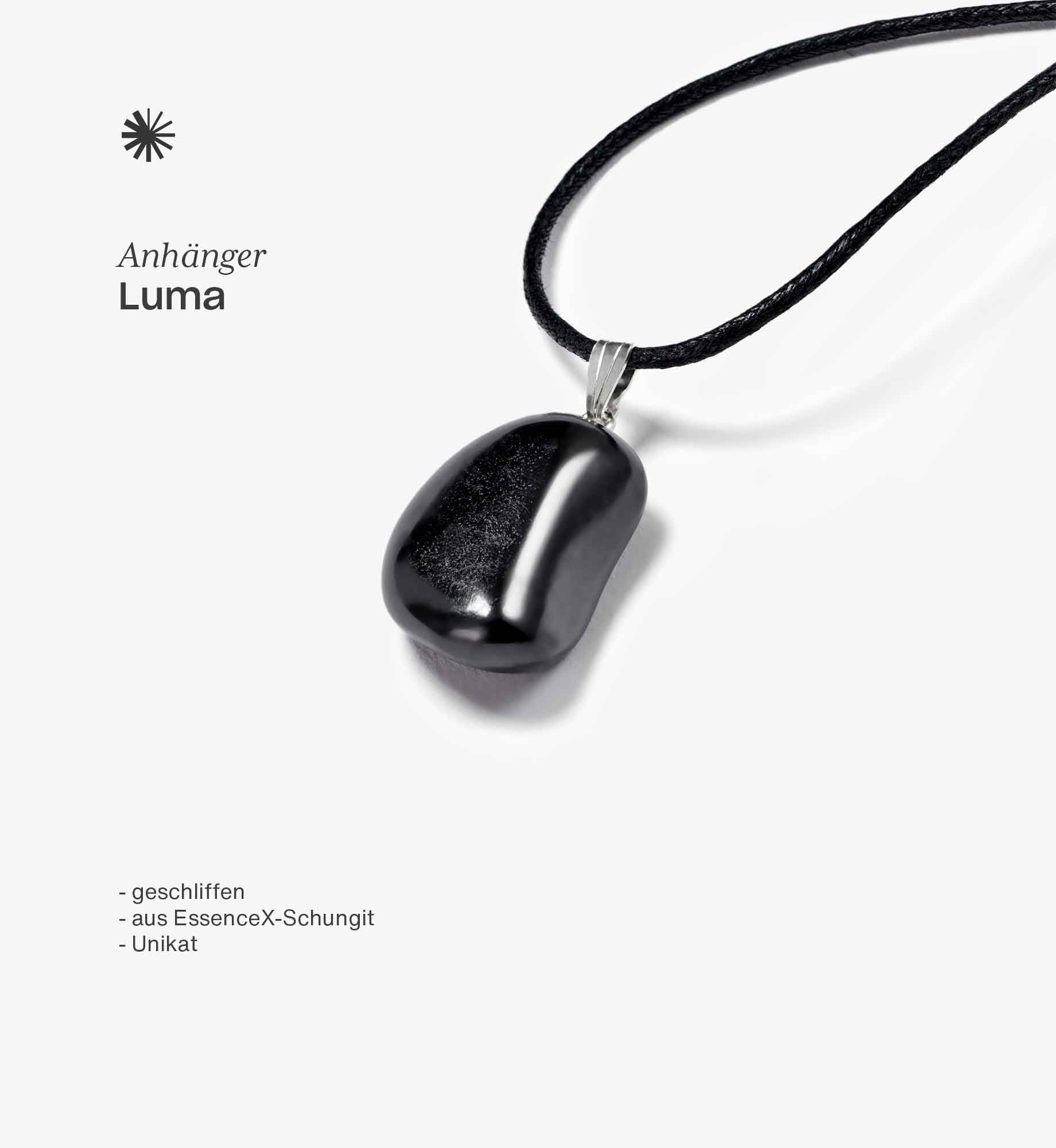Geschliffener Anhänger Luma aus EssenceX-Schungit von Beyond Matter – jedes Stück ein Unikat.