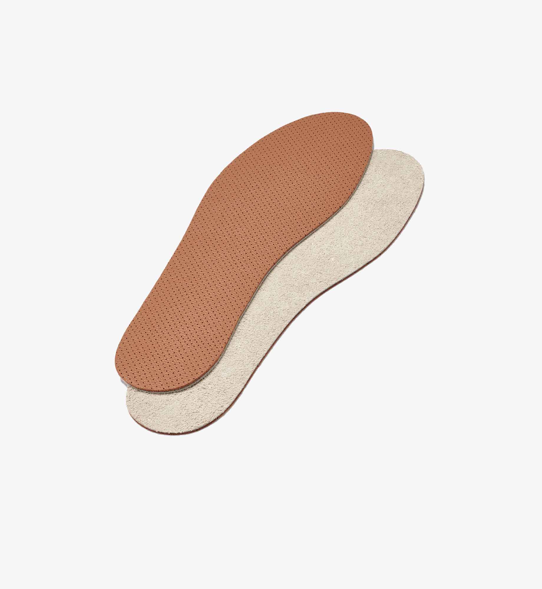 Vorder- und Rückseite der Tom Einlegesohlen von Beyond Matter mit drei Schichten aus perforiertem Naturleder, Naturleder und EssenceX-Schungit.