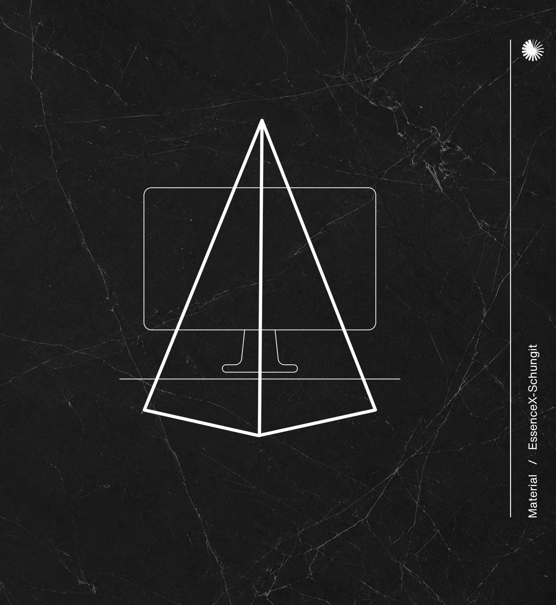 Infografik der Pyramide Ra von Beyond Matter und Anwendungsszenario auf Detailansicht von EssenceX-Schungit – mit natürlicher Maserung und polierter Oberfläche.