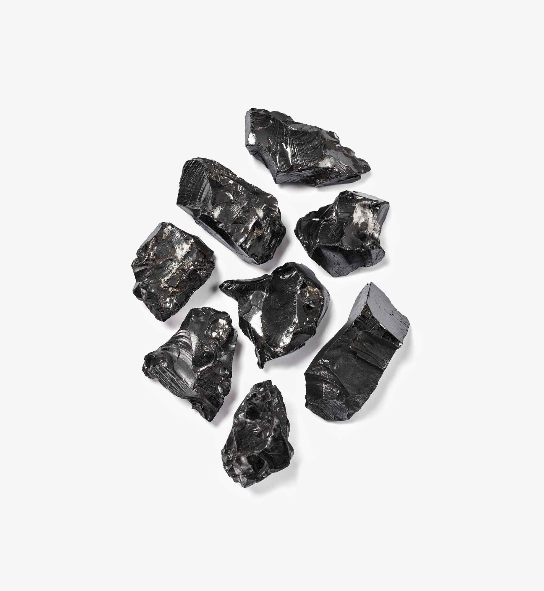 Einzelne Steine Arielle aus EssenceX-Edelschungit von Beyond Matter, freigestellt auf hellem Hintergrund.