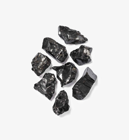 Einzelne Steine Arielle aus EssenceX-Edelschungit von Beyond Matter, freigestellt auf hellem Hintergrund.