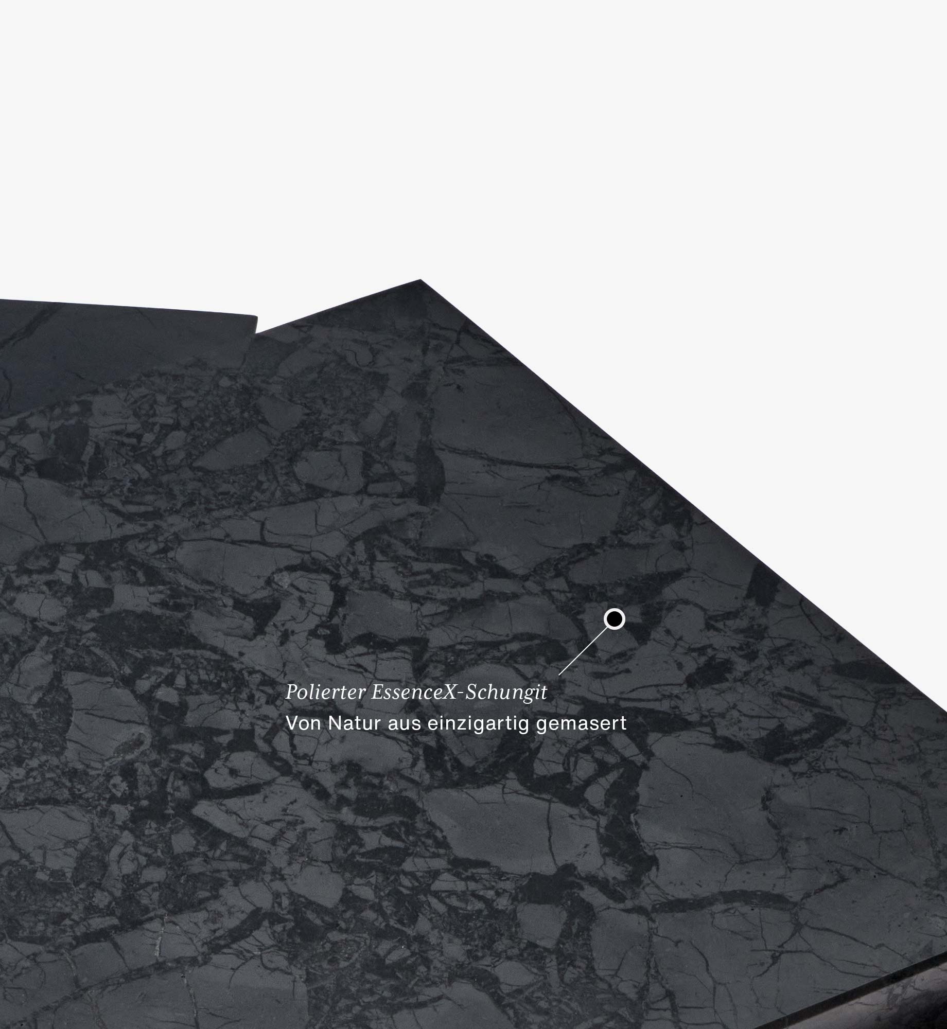 Detailansicht der Lebensmittelplatte Lotte aus EssenceX-Schungit von Beyond Matter – mit natürlicher Maserung und polierter Oberfläche.