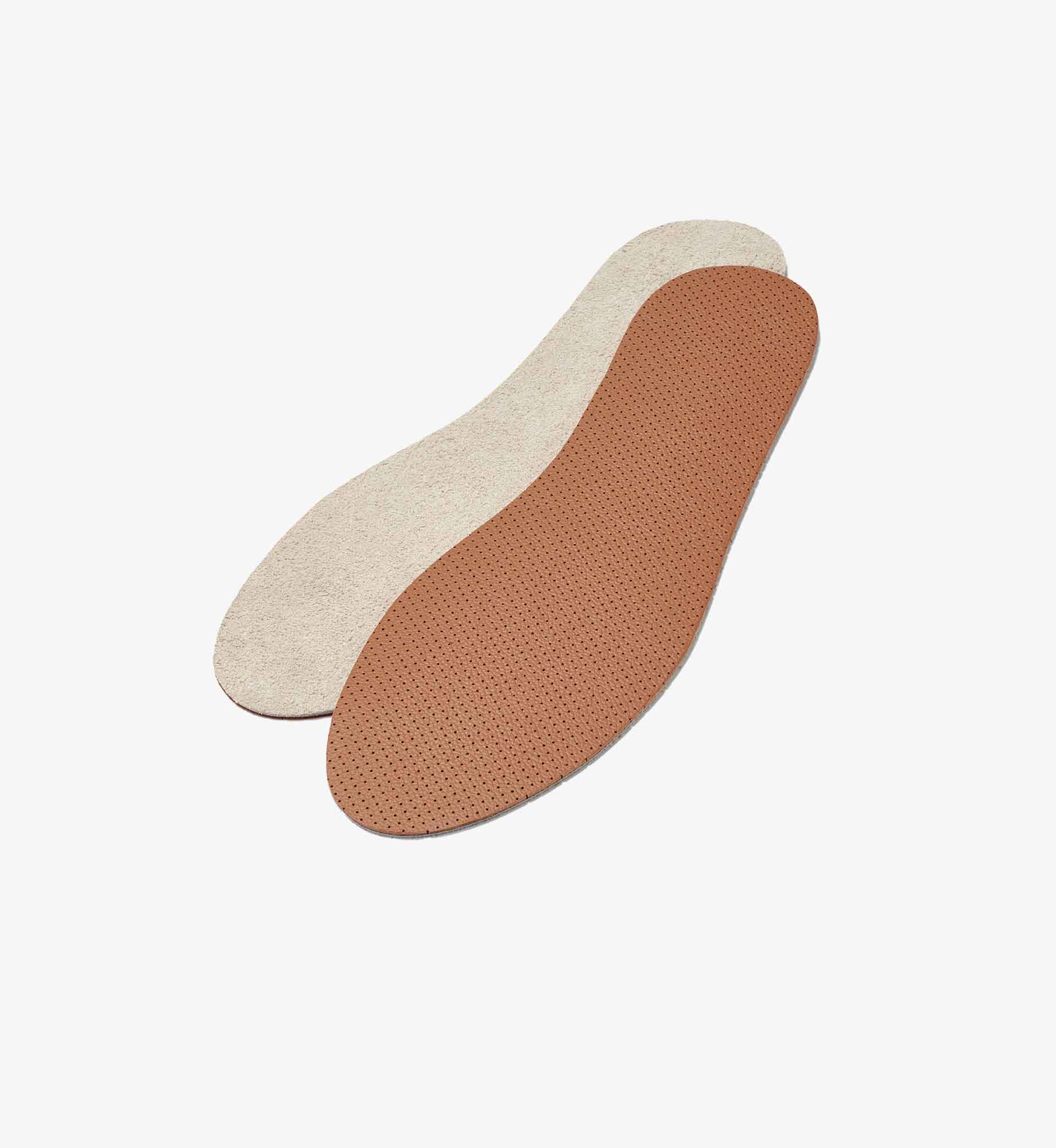 Vorder- und Rückseite der Tom Einlegesohlen von Beyond Matter mit drei Schichten aus perforiertem Naturleder, Naturleder und EssenceX-Schungit.