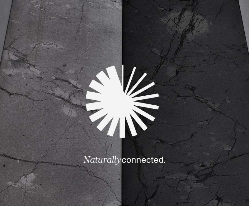 Bild- und Wortmarke von Beyond Matter inkl. Claim "naturally connected" auf schwarzem EssenceX-Schungit.