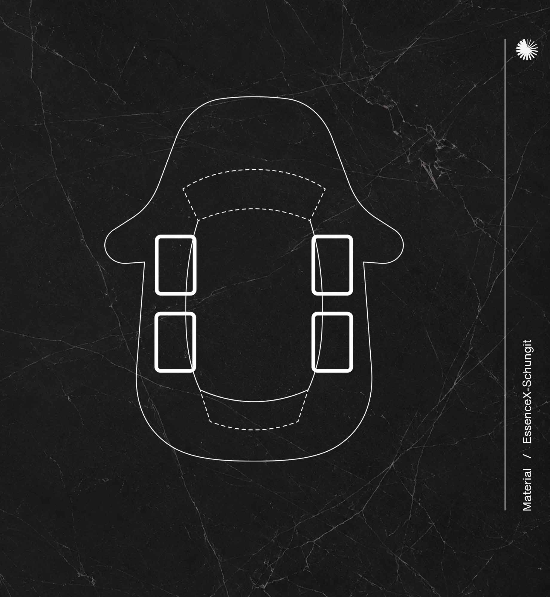 Infografik der Autoplatten Max von Beyond Matter und Anwendungsszenario auf Detailansicht von EssenceX-Schungit – mit natürlicher Maserung und polierter Oberfläche.