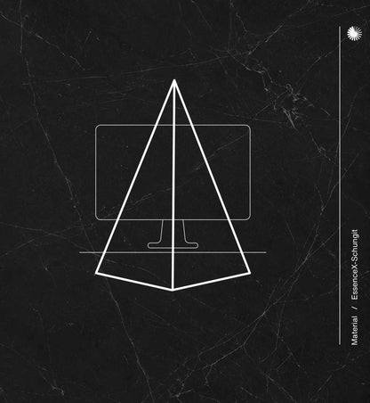 Infografik der Pyramide Ra von Beyond Matter und Anwendungsszenario auf Detailansicht von EssenceX-Schungit – mit natürlicher Maserung und polierter Oberfläche.