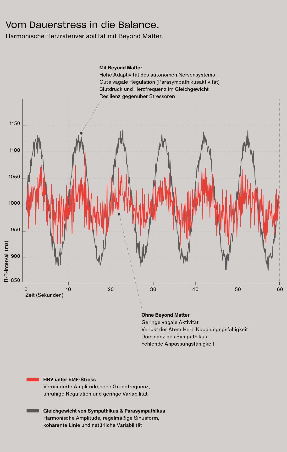 Diagramm der Herzratenvariabilität (HRV): Vergleich zwischen reduzierter, unruhiger HRV unter EMF-Stress und harmonischer HRV mit ausgeglichener Aktivität von Sympathikus und Parasympathikus.
