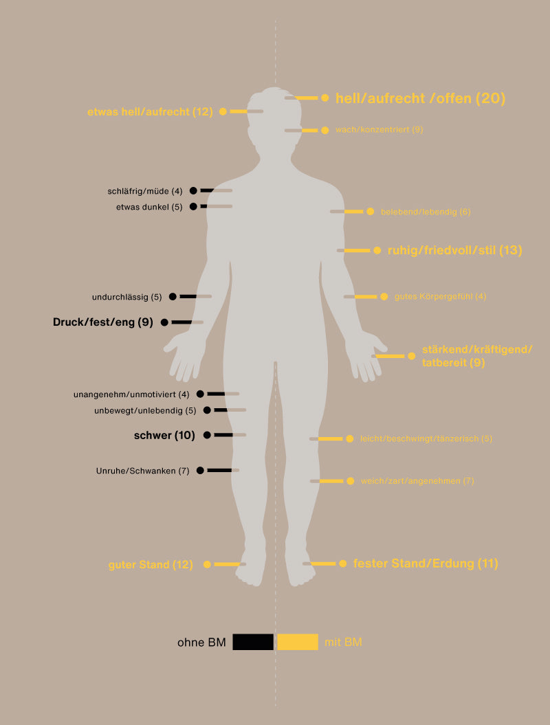 Wirksensorik-Analyse: Die Grafik zeigt typische Veränderungen der Körperwahrnehmung bei Anwendung von EssenceX-Schungit, mit vermehrt als hell, ruhig, stabil, kraftvoll und zentriert beschriebenen Empfindungen im Vergleich zur unbehandelten Situation.